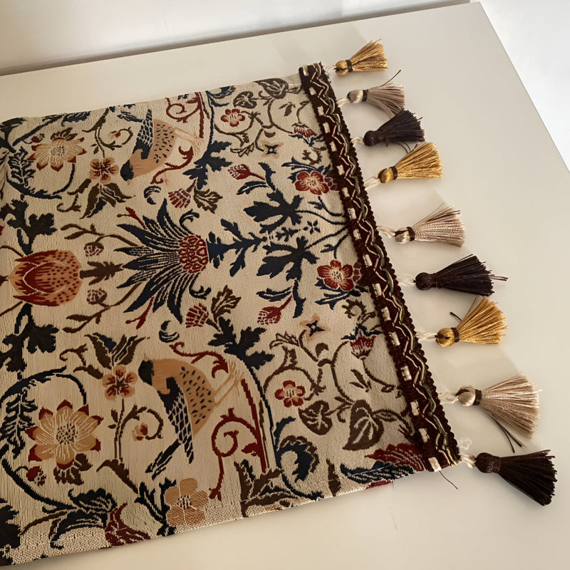 Vintage Floral & Bird Jacquard Table Runner | Tasselled Edges, Easy Care
