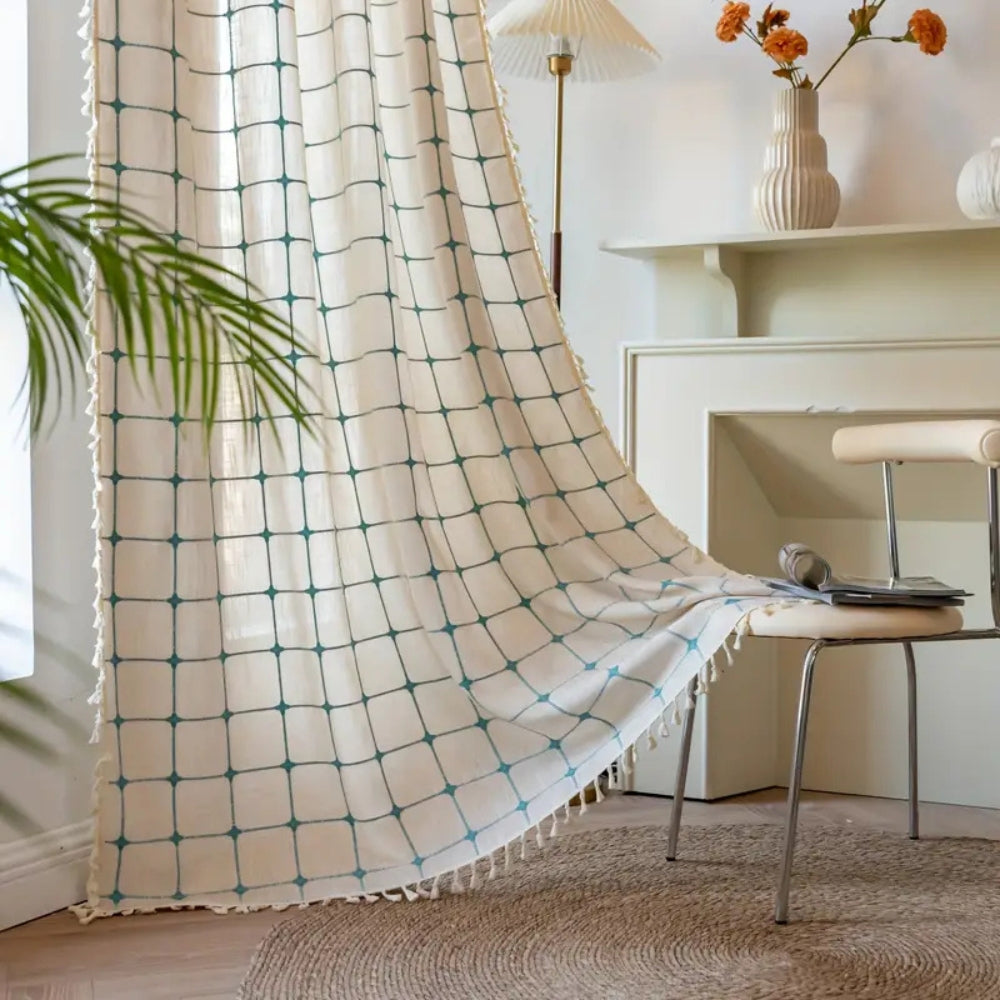 Turquoise Lattice Boho Tassel Curtain | Embroidered Plaid, Semi-Blackout