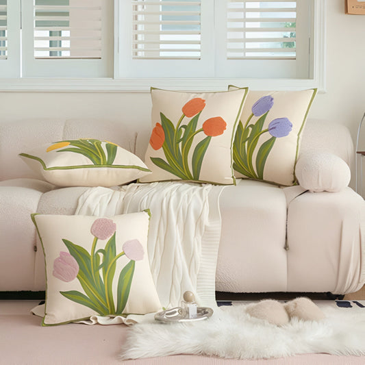 Blooming Tulip Cotton Cushion Cover | Floral Embroidery, Zip Closure