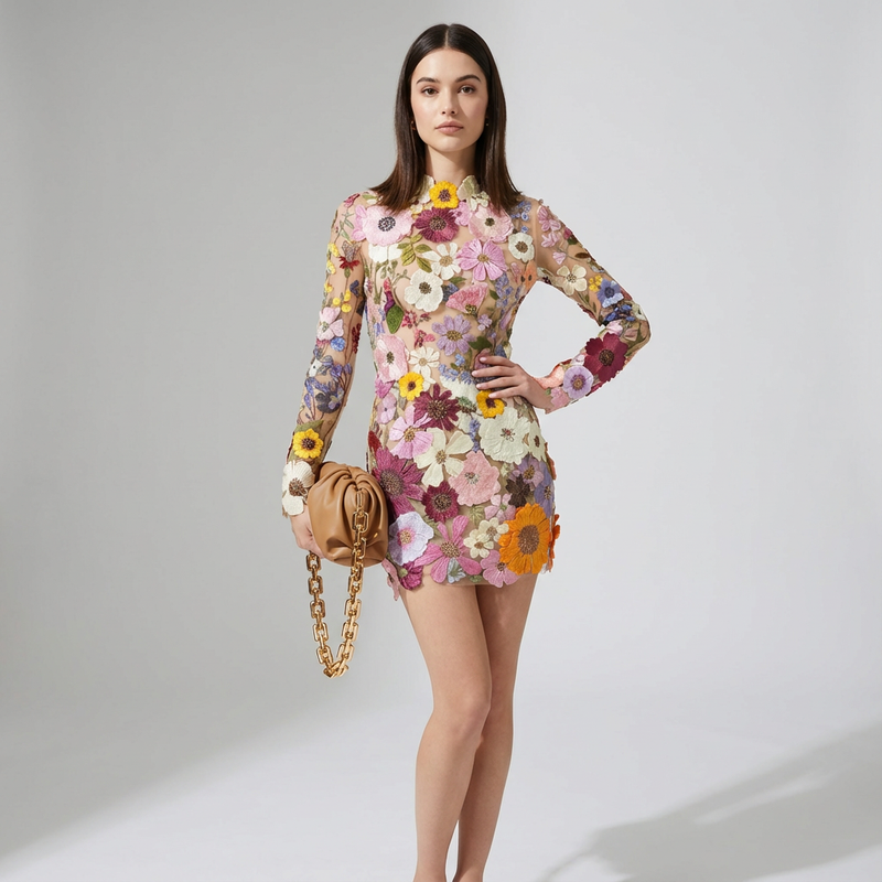 Mini-robe pour femme Aura | Appliqués floraux brodés, manches longues