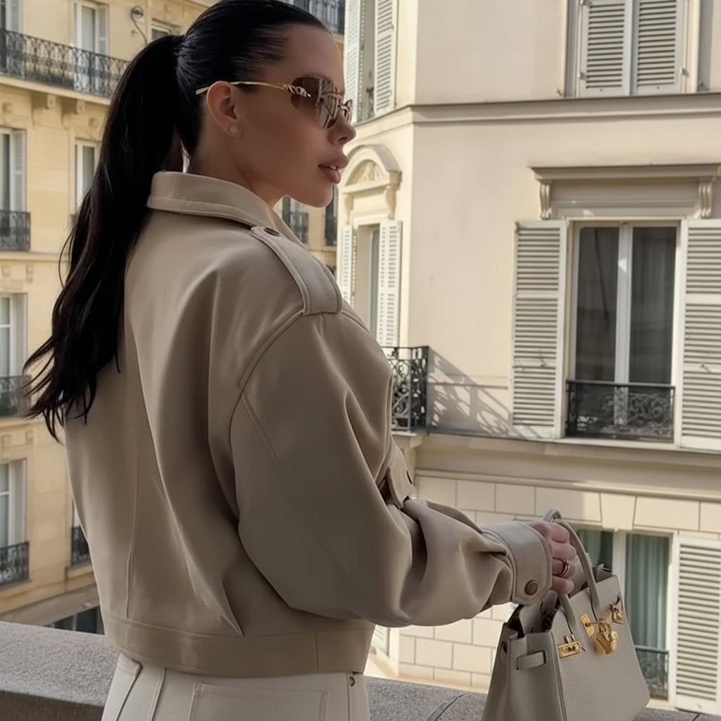 Bella Women's Cropped Jacket | Soft Beige Suede, Slim Fit with Pockets 4