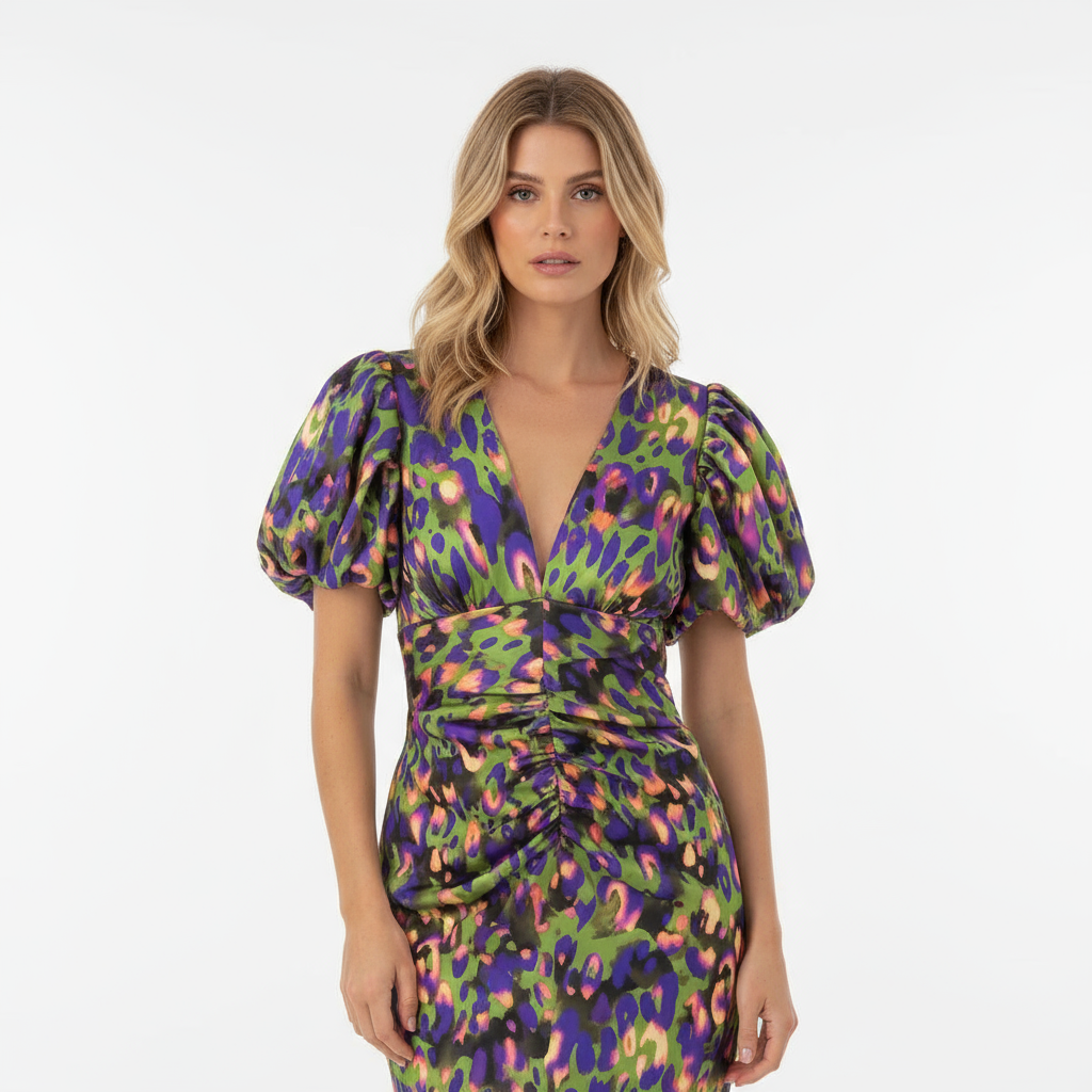 Vestido Midi para Mujer Cosette | Satén Elegante, Manga Abullonada, Vestido de Verano