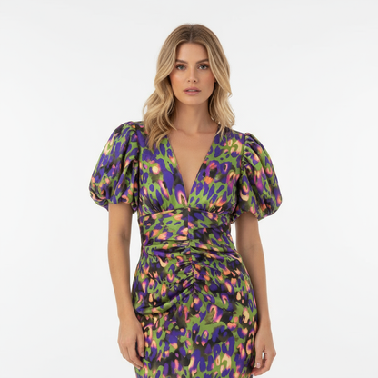 Vestido Midi para Mujer Cosette | Satén Elegante, Manga Abullonada, Vestido de Verano