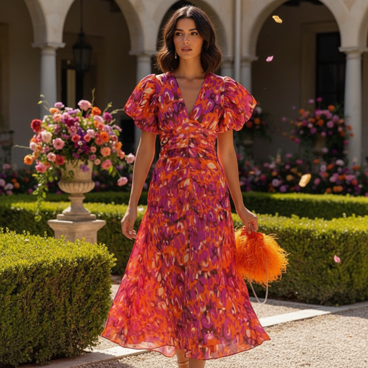 Vestido Midi para Mujer Cosette | Satén Elegante, Manga Abullonada, Vestido de Verano