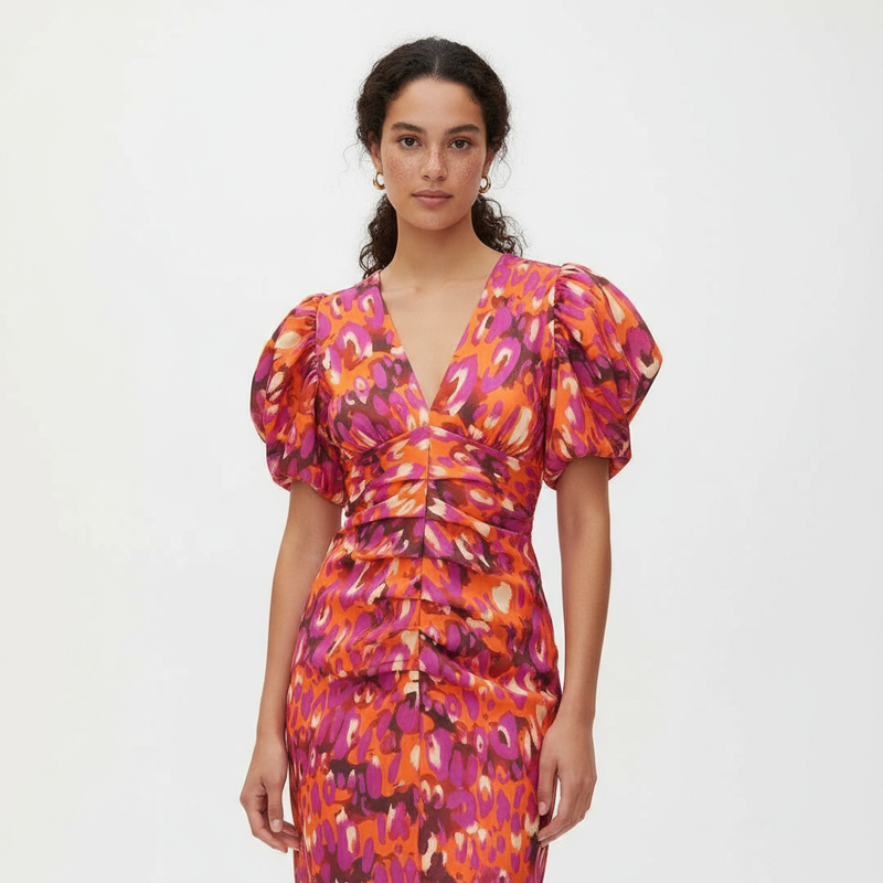 Vestido Midi para Mujer Cosette | Satén Elegante, Manga Abullonada, Vestido de Verano