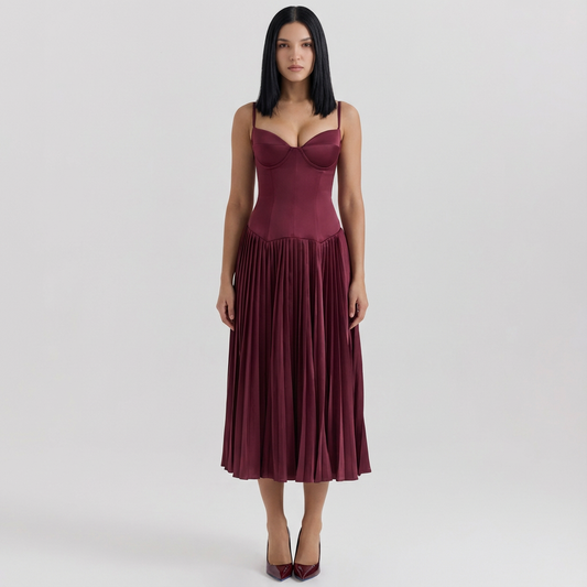 Robe Midi Femme Alessia | Élégance en Satin Extensible, Design Plissé
