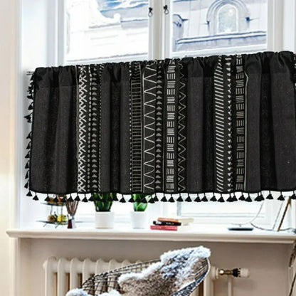 Black Geometric Tribal Tassel Cabinet Curtain | Linen, Rod Pocket