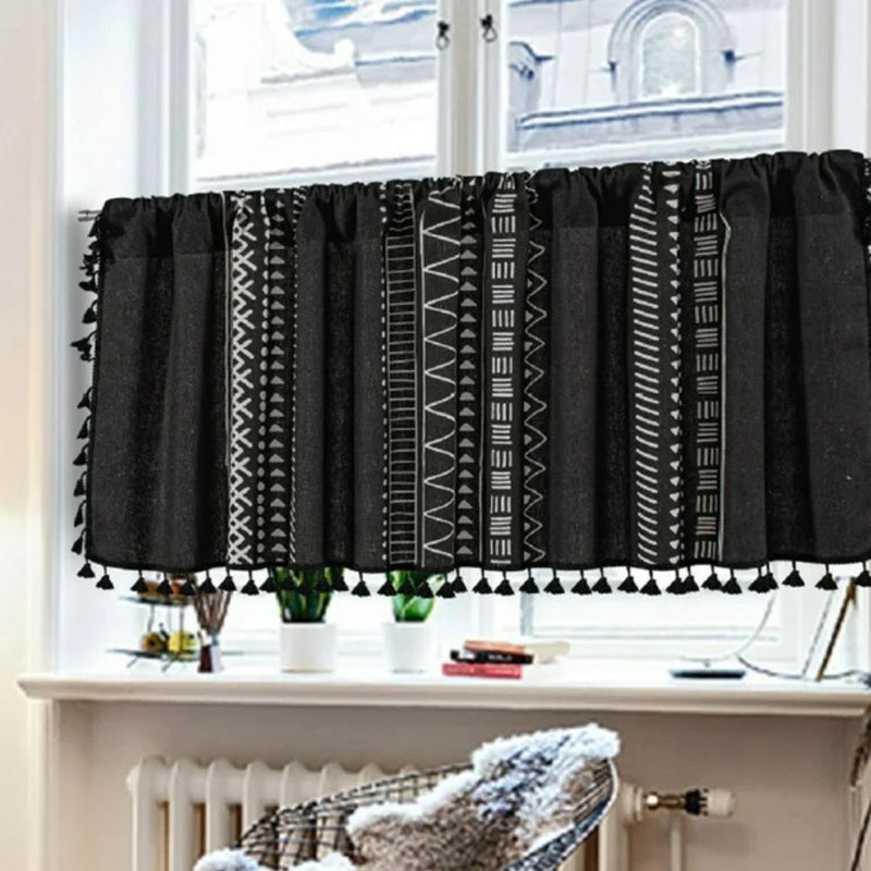 Black Geometric Tribal Tassel Cabinet Curtain | Linen, Rod Pocket