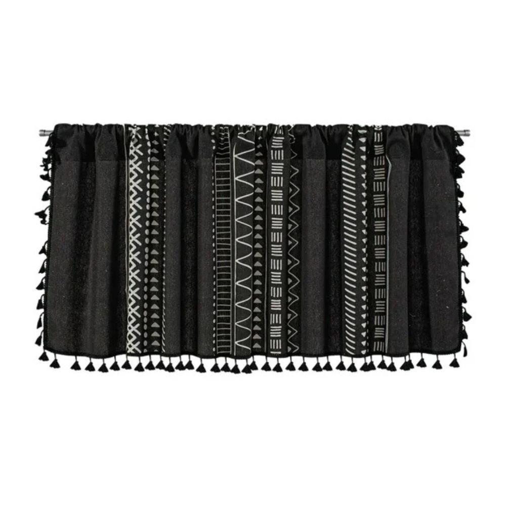 Black Geometric Tribal Tassel Cabinet Curtain | Linen, Rod Pocket