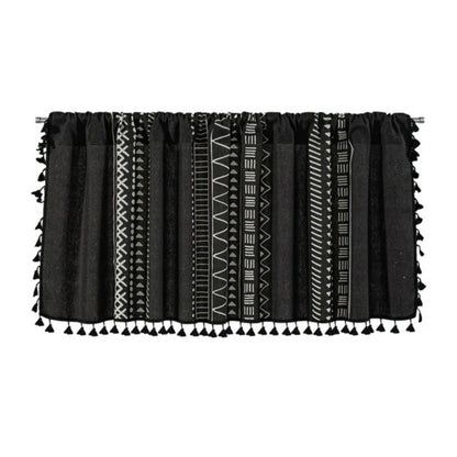 Black Geometric Tribal Tassel Cabinet Curtain | Linen, Rod Pocket