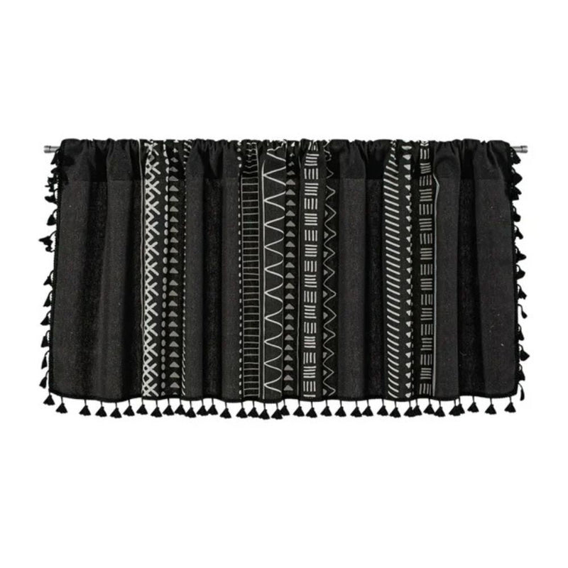 Black Geometric Tribal Tassel Cabinet Curtain | Linen, Rod Pocket