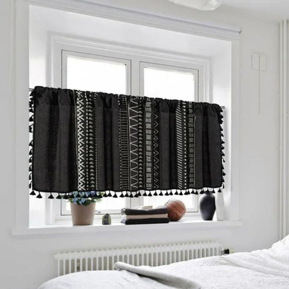 Black Geometric Tribal Tassel Cabinet Curtain | Linen, Rod Pocket