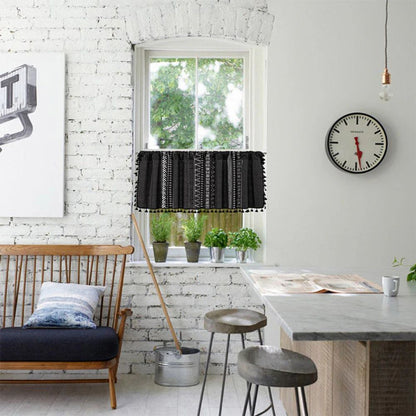 Black Geometric Tribal Tassel Cabinet Curtain | Linen, Rod Pocket