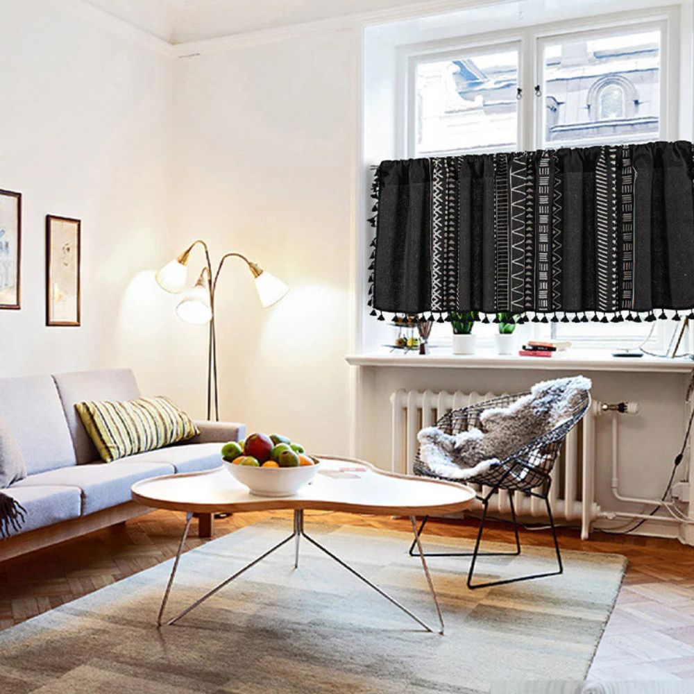 Black Geometric Tribal Tassel Cabinet Curtain | Linen, Rod Pocket