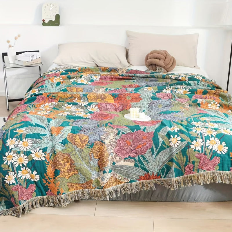 Bohemian Floral Patchwork Tassel Blanket | Tassel Trim, Boho Style