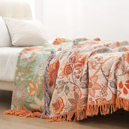 Boho Bliss | Cotton Floral Throw Blanket with Playful Fringe | Cozy Home Accent for Comfort 0