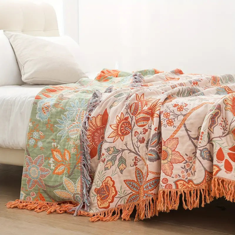 Boho Bliss | Cotton Floral Throw Blanket with Playful Fringe | Cozy Home Accent for Comfort 0