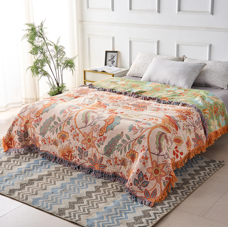 Boho Bliss | Cotton Floral Throw Blanket with Playful Fringe | Cozy Home Accent for Comfort 2