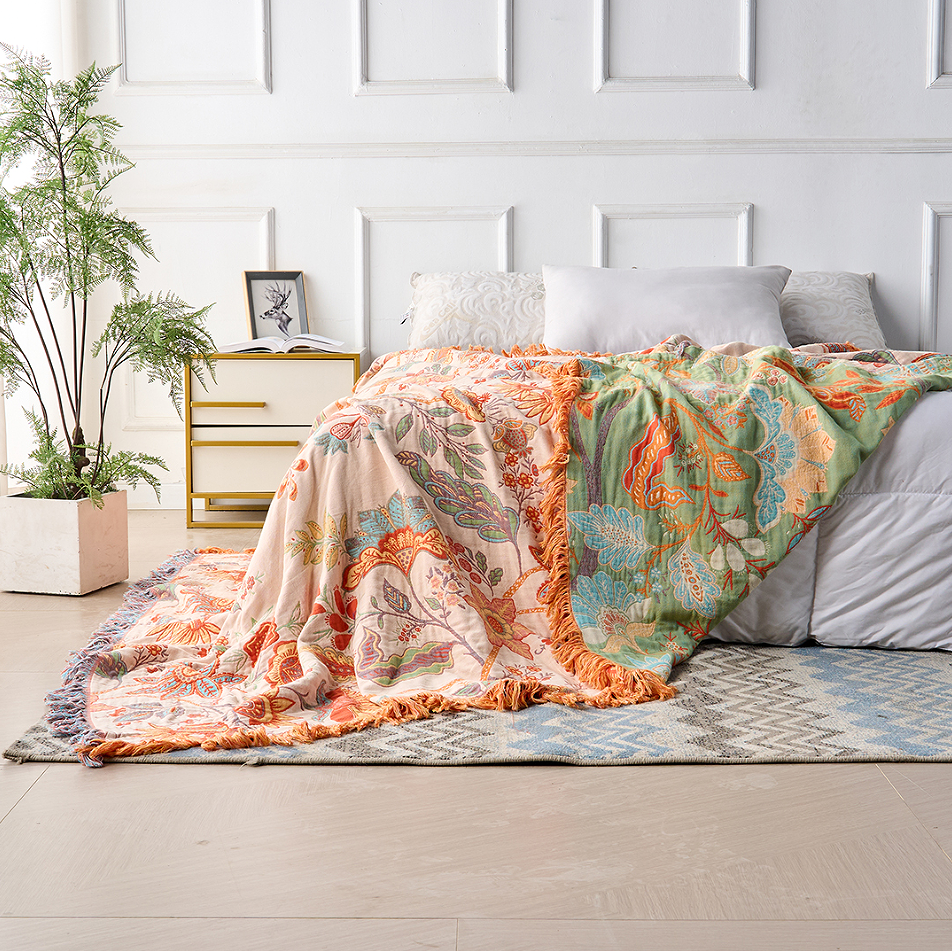 Boho Bliss | Cotton Floral Throw Blanket with Playful Fringe | Cozy Home Accent for Comfort 3