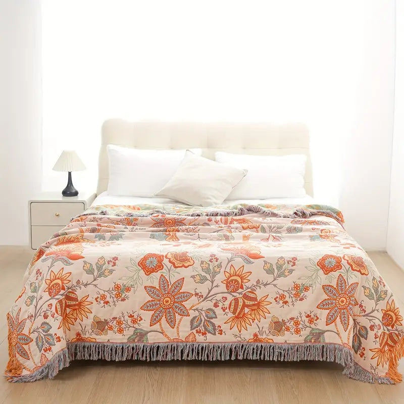 Boho Bliss | Cotton Floral Throw Blanket with Playful Fringe | Cozy Home Accent for Comfort 4