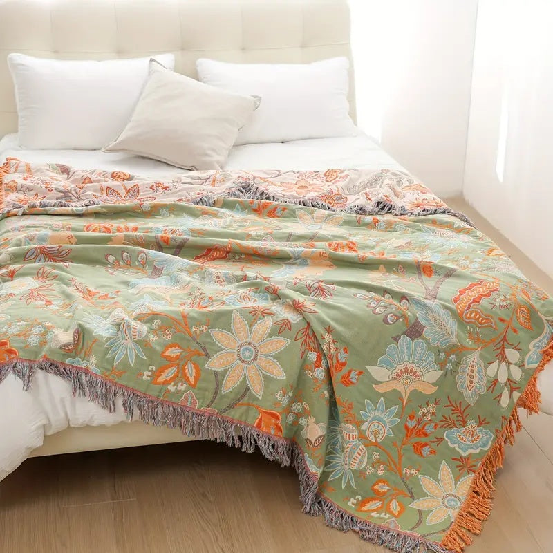 Boho Bliss | Cotton Floral Throw Blanket with Playful Fringe | Cozy Home Accent for Comfort 8