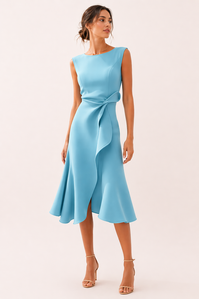 Hattie Women's Asymmetric Midi Dress | Bow, Boat Neck, Sleeveless