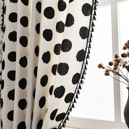 Chic Polka Dot Tassel Curtain | Linen Texture, Monochrome