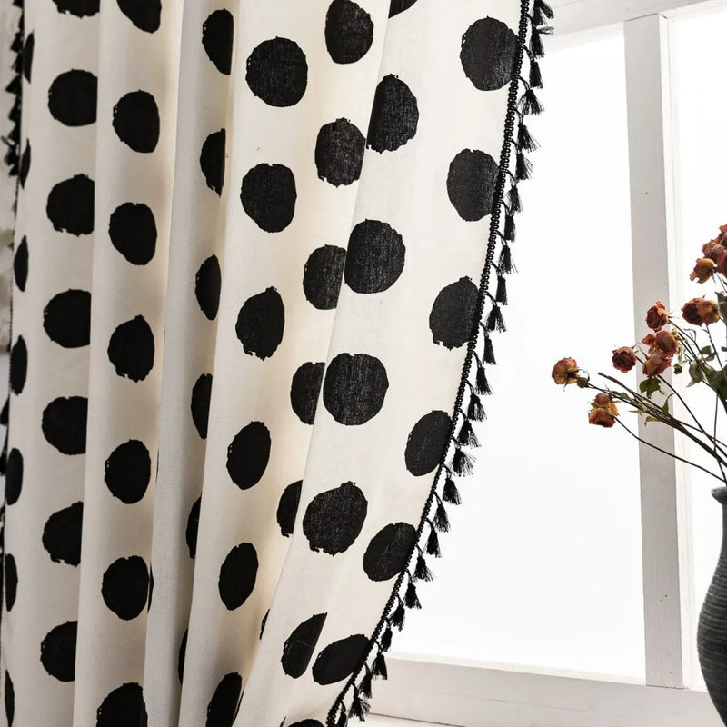 Chic Polka Dot Tassel Curtain | Linen Texture, Monochrome