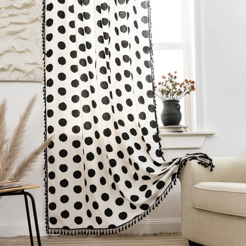 Chic Polka Dot Tassel Curtain | Linen Texture, Monochrome