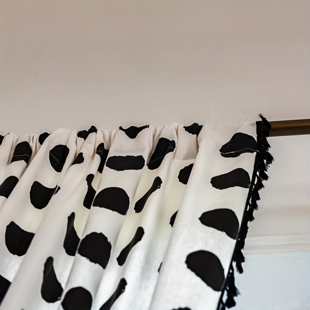 Chic Polka Dot Tassel Curtain | Linen Texture, Monochrome