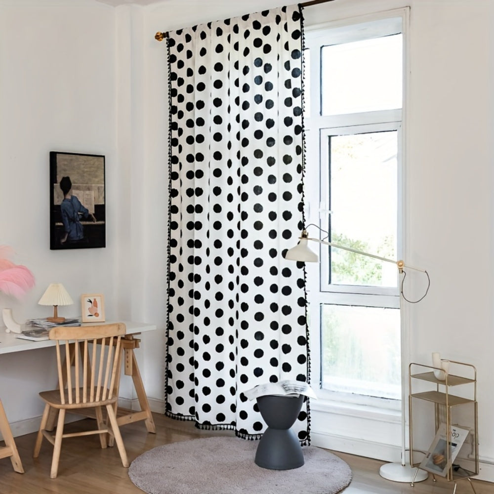 Chic Polka Dot Tassel Curtain | Linen Texture, Monochrome
