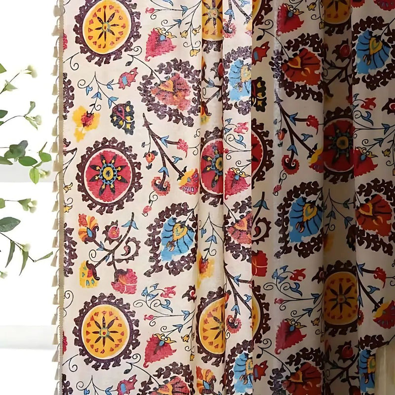 Boho Color Wheel Bloom Tassel Curtain | Multi-Hue, Tasselled
