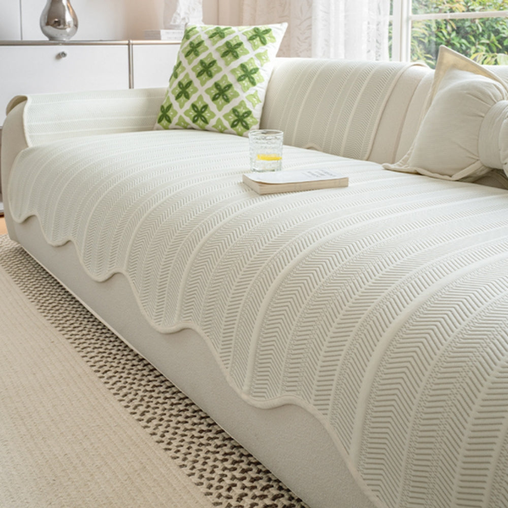 Elegant Herringbone Sofa Cover with Scalloped Edge | Soft Microfiber for Stylish Protection 0