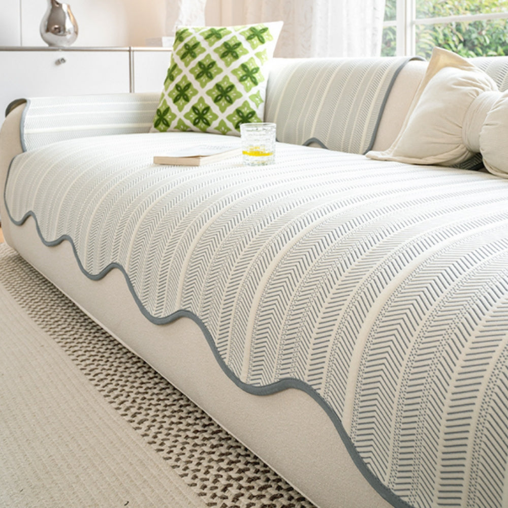 Elegant Herringbone Sofa Cover with Scalloped Edge | Soft Microfiber for Stylish Protection 3