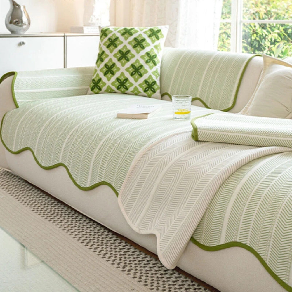 Elegant Herringbone Sofa Cover with Scalloped Edge | Soft Microfiber for Stylish Protection 4