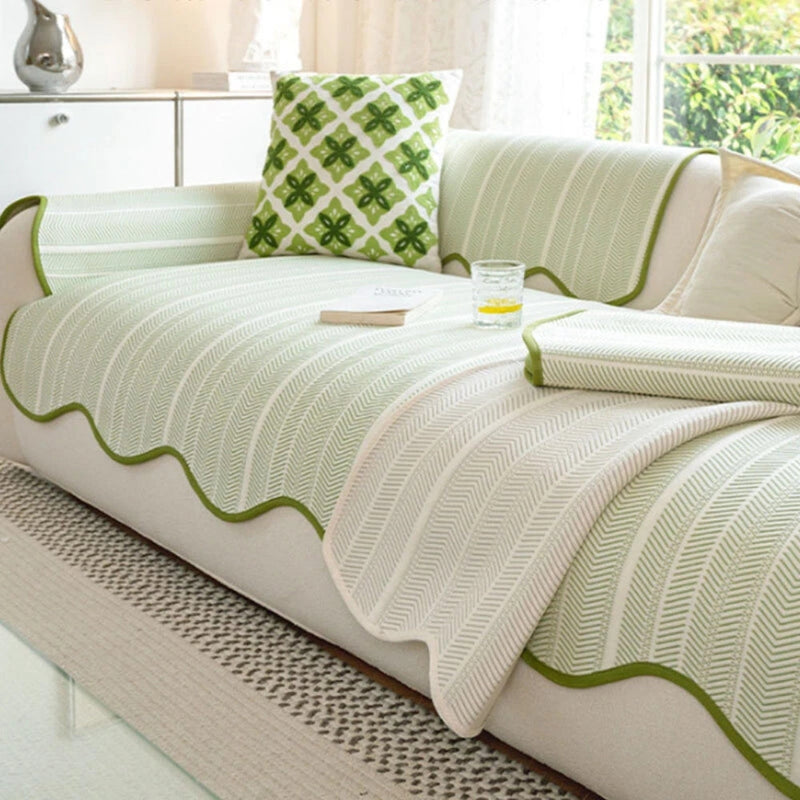 Elegant Herringbone Sofa Cover with Scalloped Edge | Soft Microfiber for Stylish Protection 4