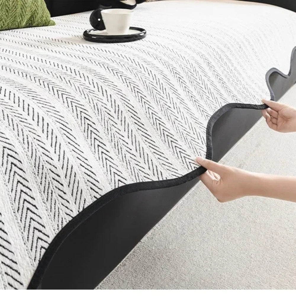 Elegant Herringbone Sofa Cover with Scalloped Edge | Soft Microfiber for Stylish Protection 5