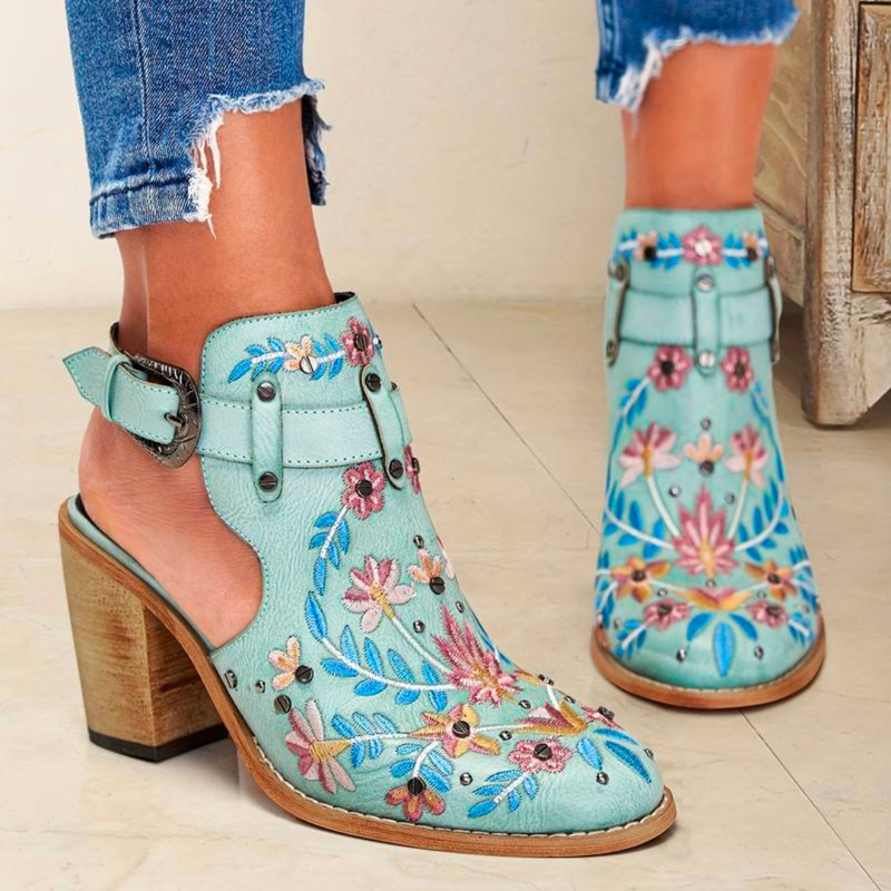 Liana Women's Floral Ankle Boots | Western, Embroidered, Faux Leather