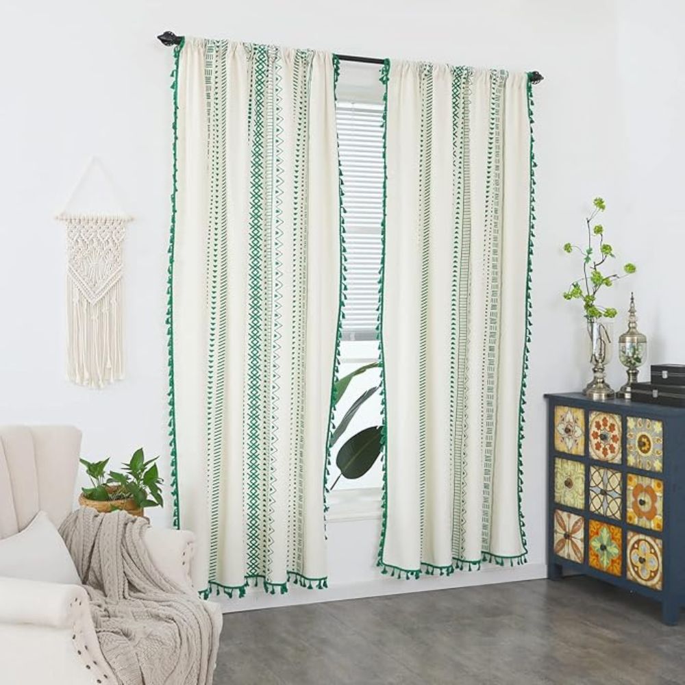 Emerald Tribe Boho Tassel Curtain | Green Stripe, Rod Pocket