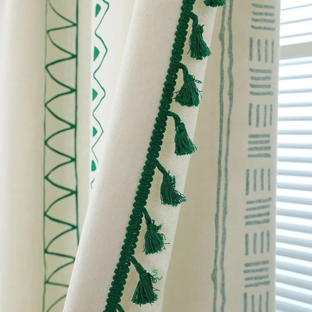 Emerald Tribe Boho Tassel Curtain | Green Stripe, Rod Pocket