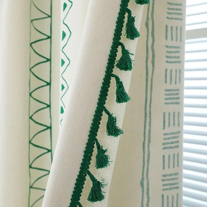 Emerald Tribe Boho Tassel Curtain | Green Stripe, Rod Pocket