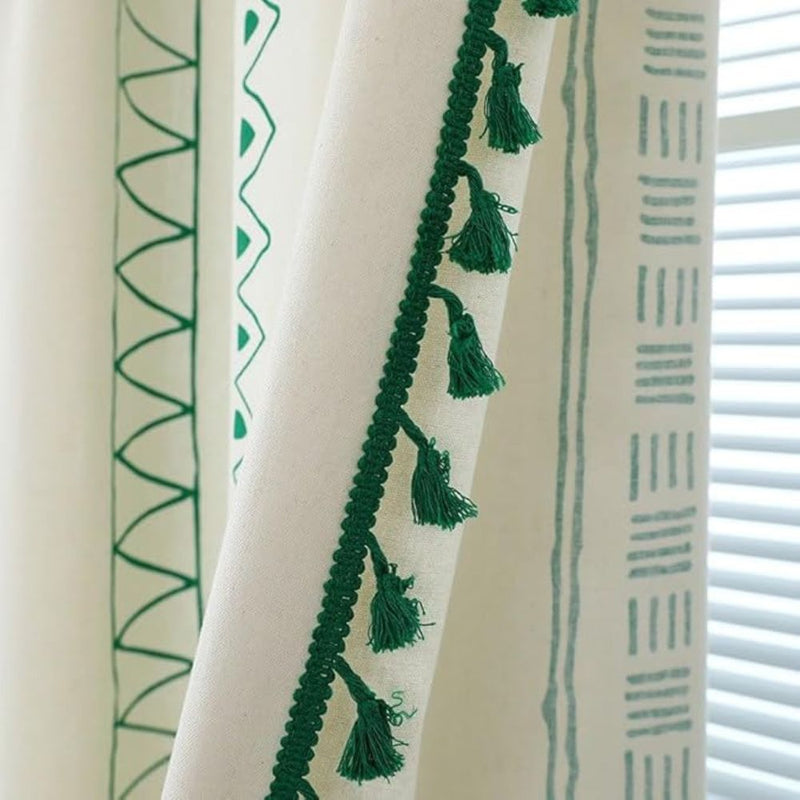 Emerald Tribe Boho Tassel Curtain | Green Stripe, Rod Pocket