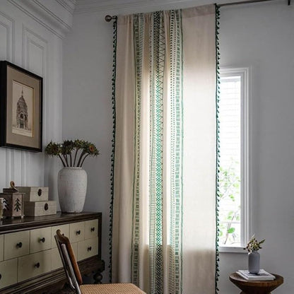 Emerald Tribe Boho Tassel Curtain | Green Stripe, Rod Pocket