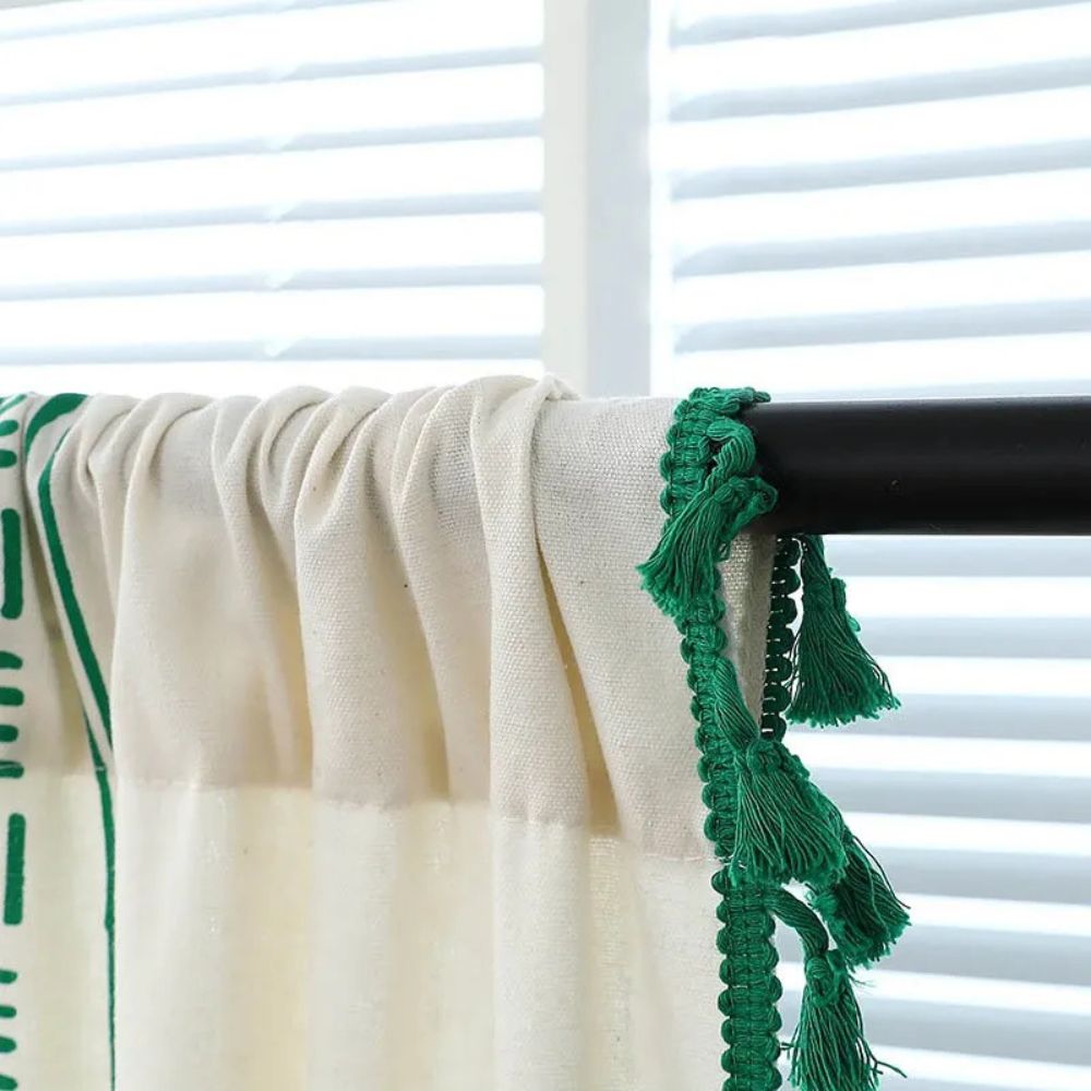 Emerald Tribe Boho Tassel Curtain | Green Stripe, Rod Pocket