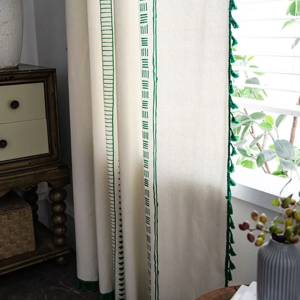 Emerald Tribe Boho Tassel Curtain | Green Stripe, Rod Pocket