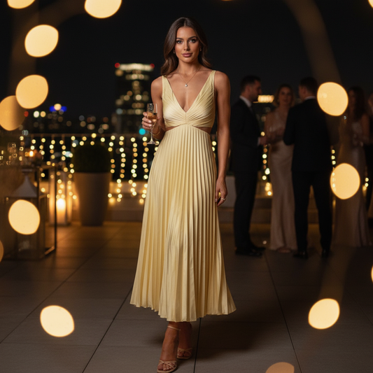 Vestido Maxi Sadie para Mujer | Escote en V Elegante, Falda Plisada