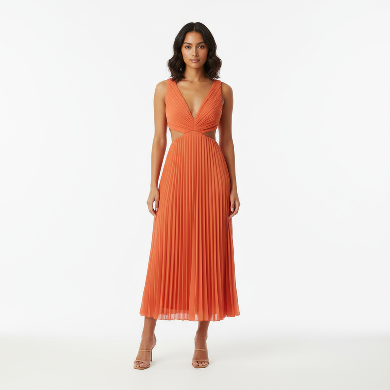 Robe Longue Femme Sadie | Col V Élégant, Jupe Plissée
