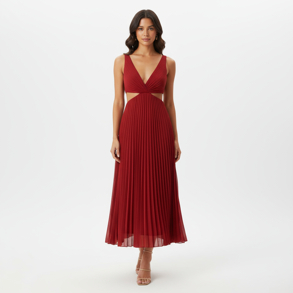 Robe Longue Femme Sadie | Col V Élégant, Jupe Plissée