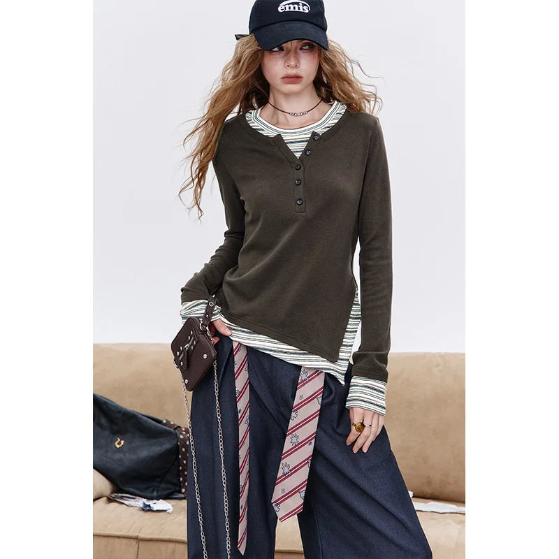 Evelyn Women's T-Shirt Set | Layered Striped Long Sleeve Crop Top 1
