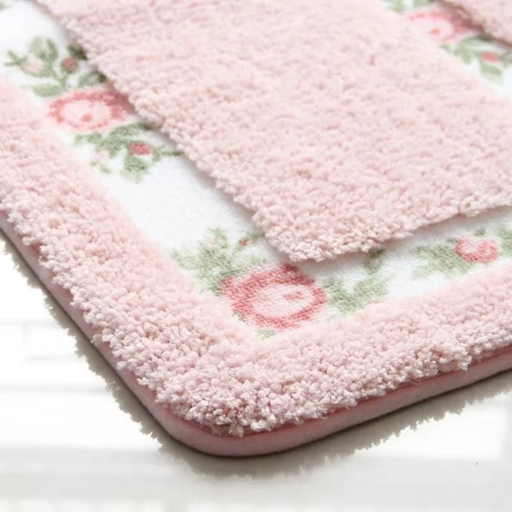 Floral Border Absorbent Bath Mat | Quick-Dry, Non-Slip Backing